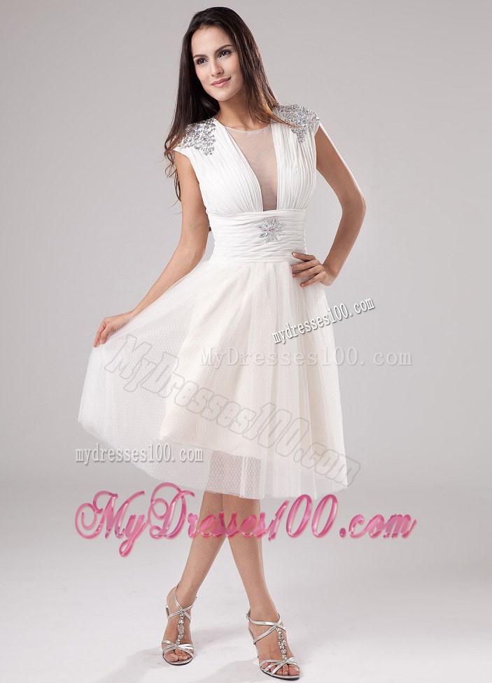 Unique Scoop Tea-length Beading 2013 White Cocktail Dresses