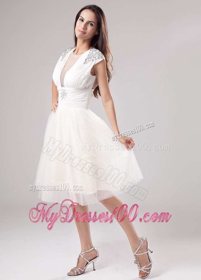 Unique Scoop Tea-length Beading 2013 White Cocktail Dresses