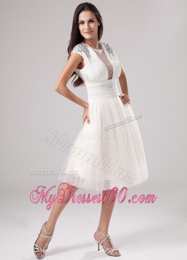 Unique Scoop Tea-length Beading 2013 White Cocktail Dresses