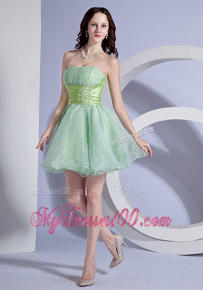 Apple Green Beading Decorate Waist Strapless Short Cocktail Dress