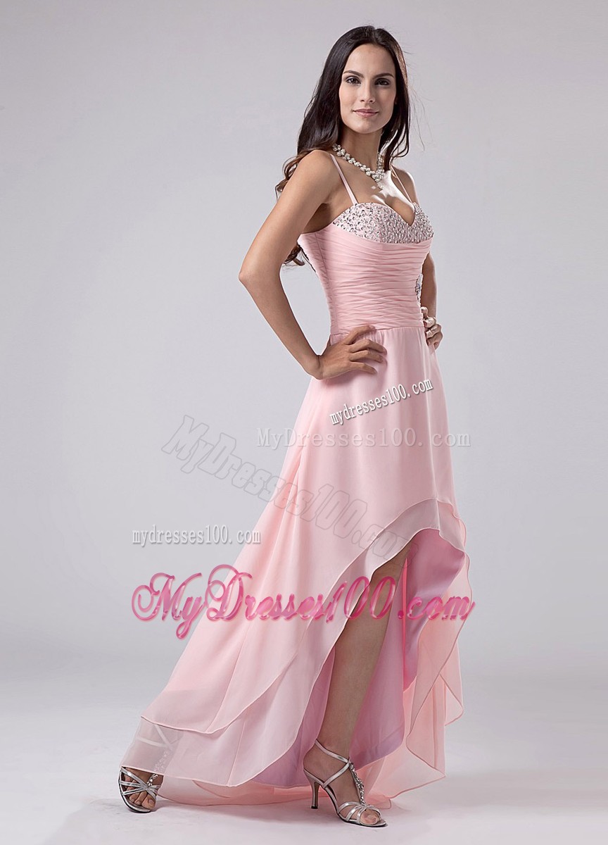 Cute Beading Pink Spaghetti Straps Empire High-low Cocktail Dresses