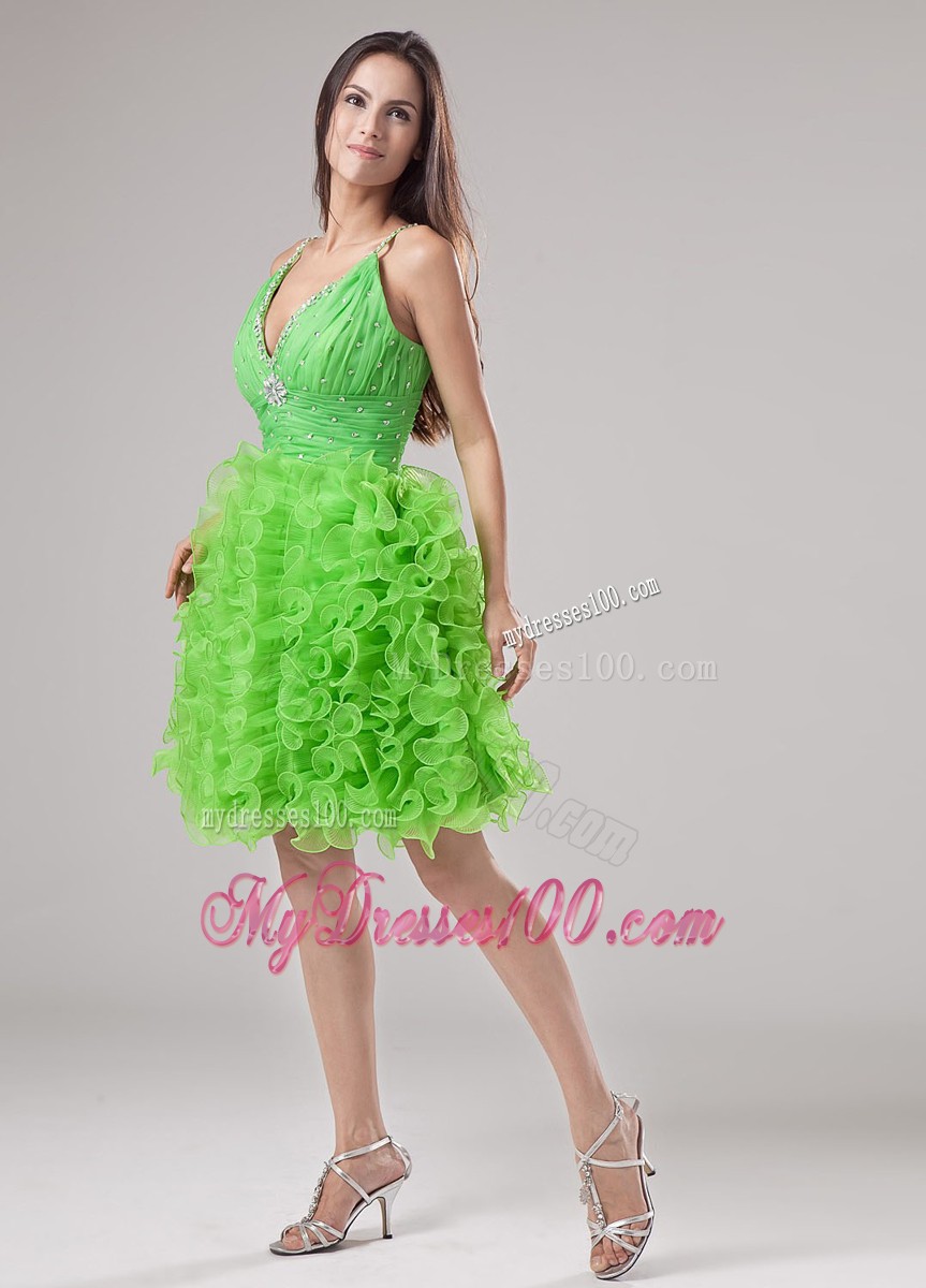 Beading Ruffles V-neck Cocktail Dress Mini-length Spring Green