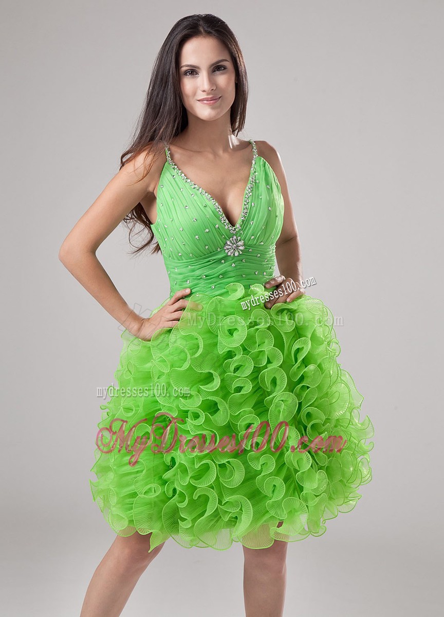 Beading Ruffles V-neck Cocktail Dress Mini-length Spring Green