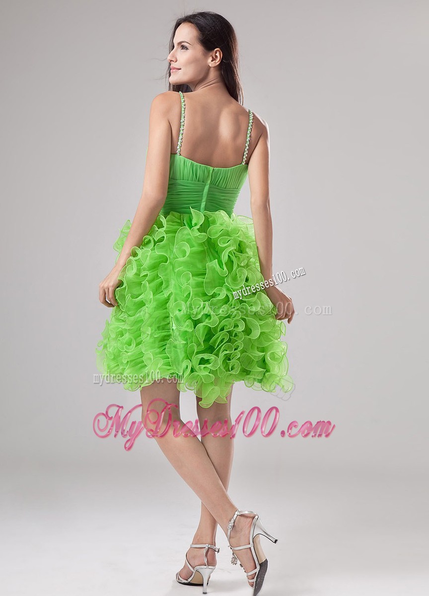 Beading Ruffles V-neck Cocktail Dress Mini-length Spring Green