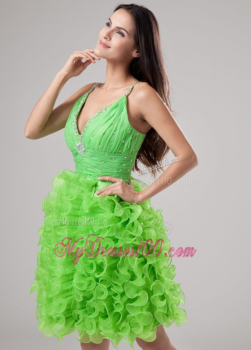 Beading Ruffles V-neck Cocktail Dress Mini-length Spring Green
