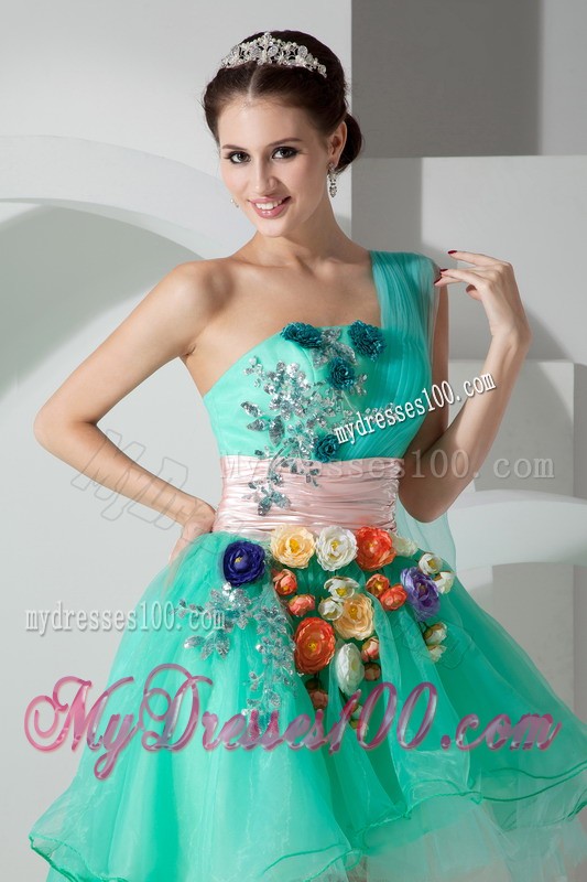 Blue One Shoulder High-low Beading Appliques Princess Cocktail Dresses