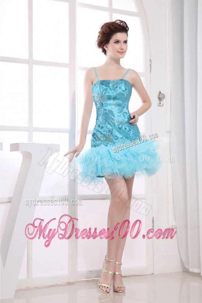 Embroidery Decorate Bodice Aqua Blue Mini-length Spaghetti Straps 2013 Prom Dress