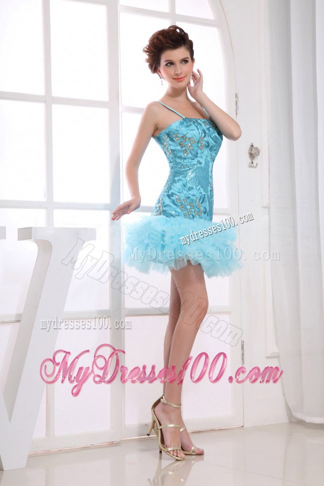 Embroidery Decorate Bodice Aqua Blue Mini-length Spaghetti Straps 2013 Prom Dress