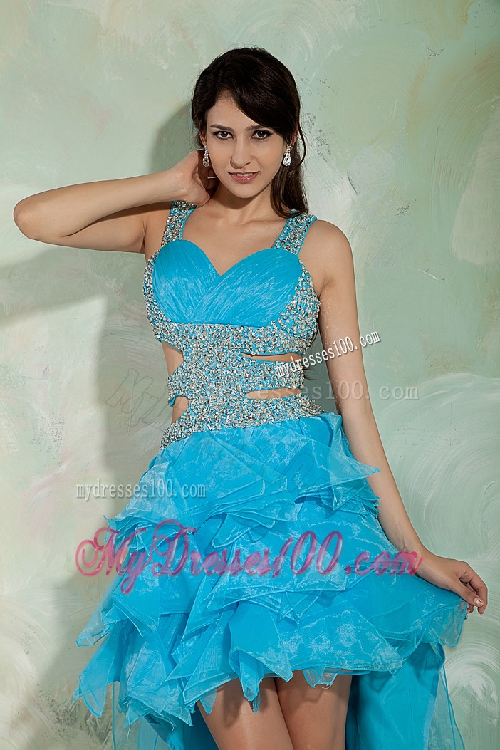 Pretty Sky Blue Princess Straps High-low Cocktail Dresses With Beading