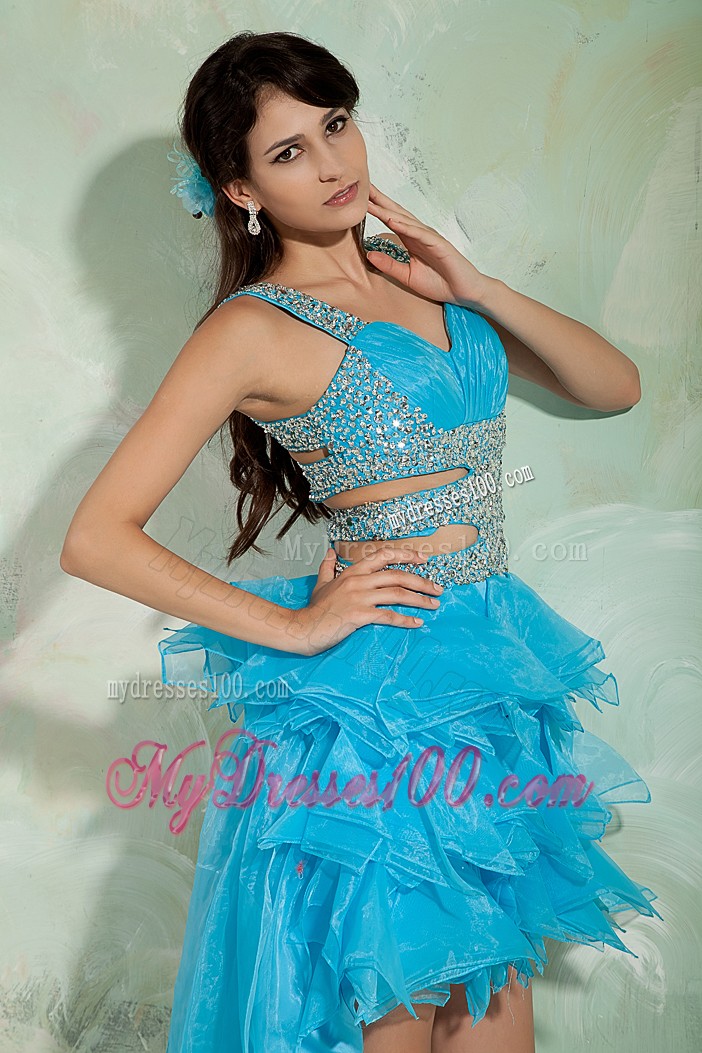 Pretty Sky Blue Princess Straps High-low Cocktail Dresses With Beading