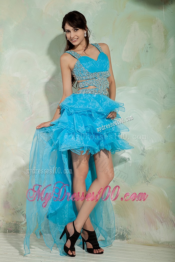 Pretty Sky Blue Princess Straps High-low Cocktail Dresses With Beading