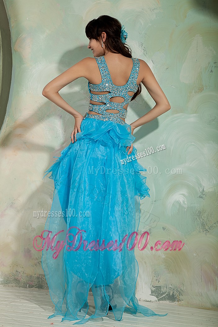 Pretty Sky Blue Princess Straps High-low Cocktail Dresses With Beading