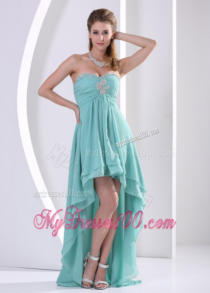 Simple High-low Sweetheart Turquoise Beading and Ruched Cocktail Dress