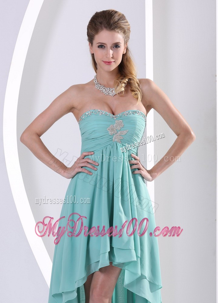 Simple High-low Sweetheart Turquoise Beading and Ruched Cocktail Dress