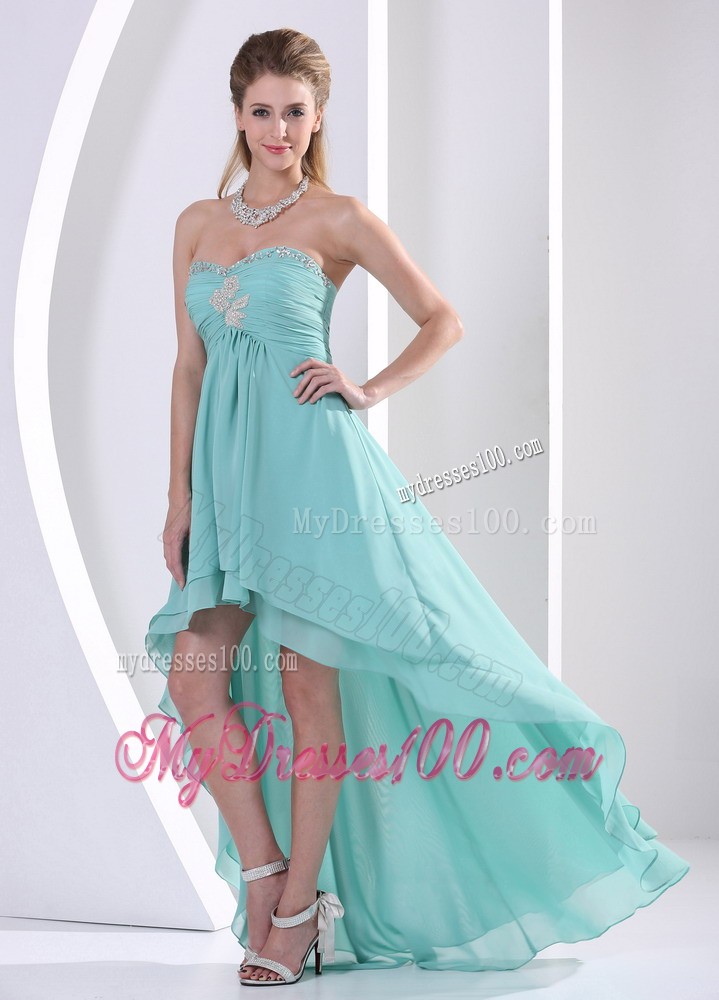 Simple High-low Sweetheart Turquoise Beading and Ruched Cocktail Dress