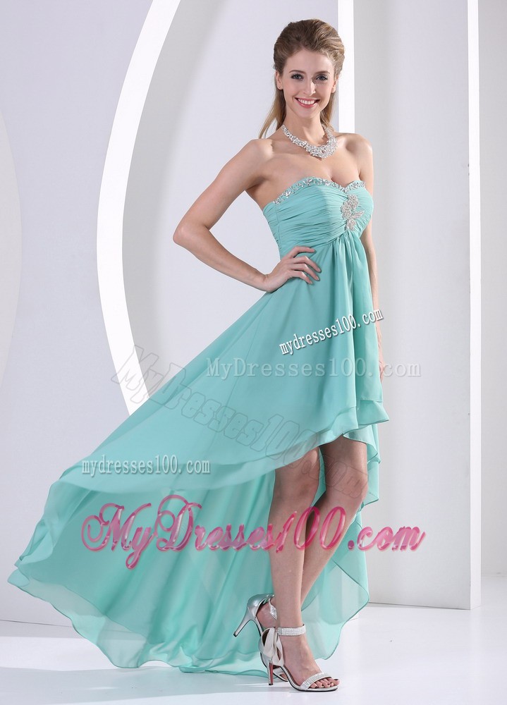 Simple High-low Sweetheart Turquoise Beading and Ruched Cocktail Dress