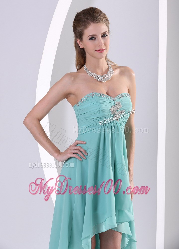 Simple High-low Sweetheart Turquoise Beading and Ruched Cocktail Dress