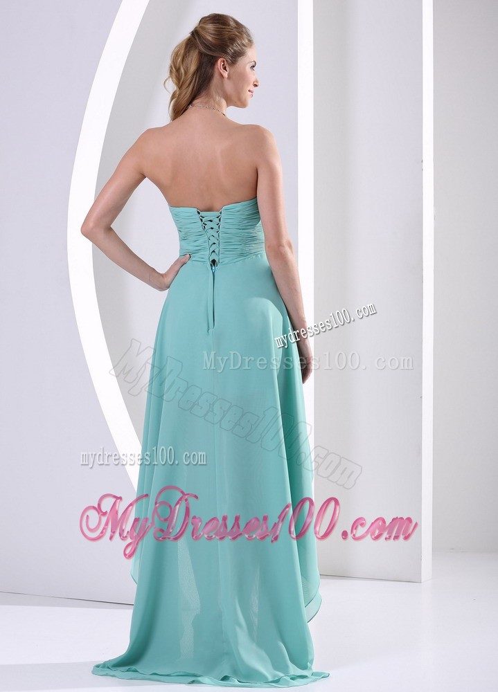 Simple High-low Sweetheart Turquoise Beading and Ruched Cocktail Dress