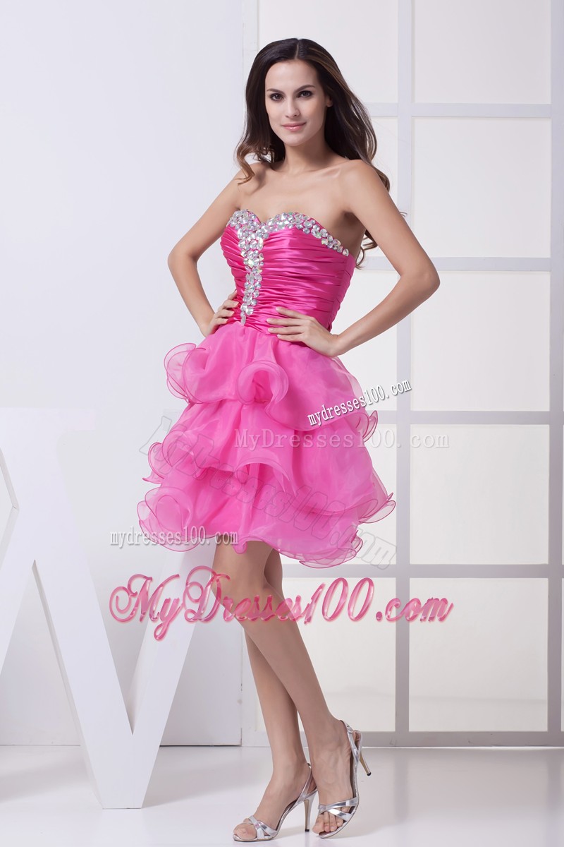 Beautiful Hot Pink Beading Ruffled Layers Knee-length Cocktail Dress