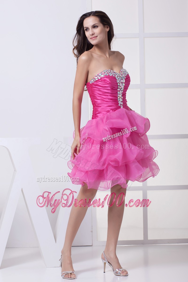 Beautiful Hot Pink Beading Ruffled Layers Knee-length Cocktail Dress