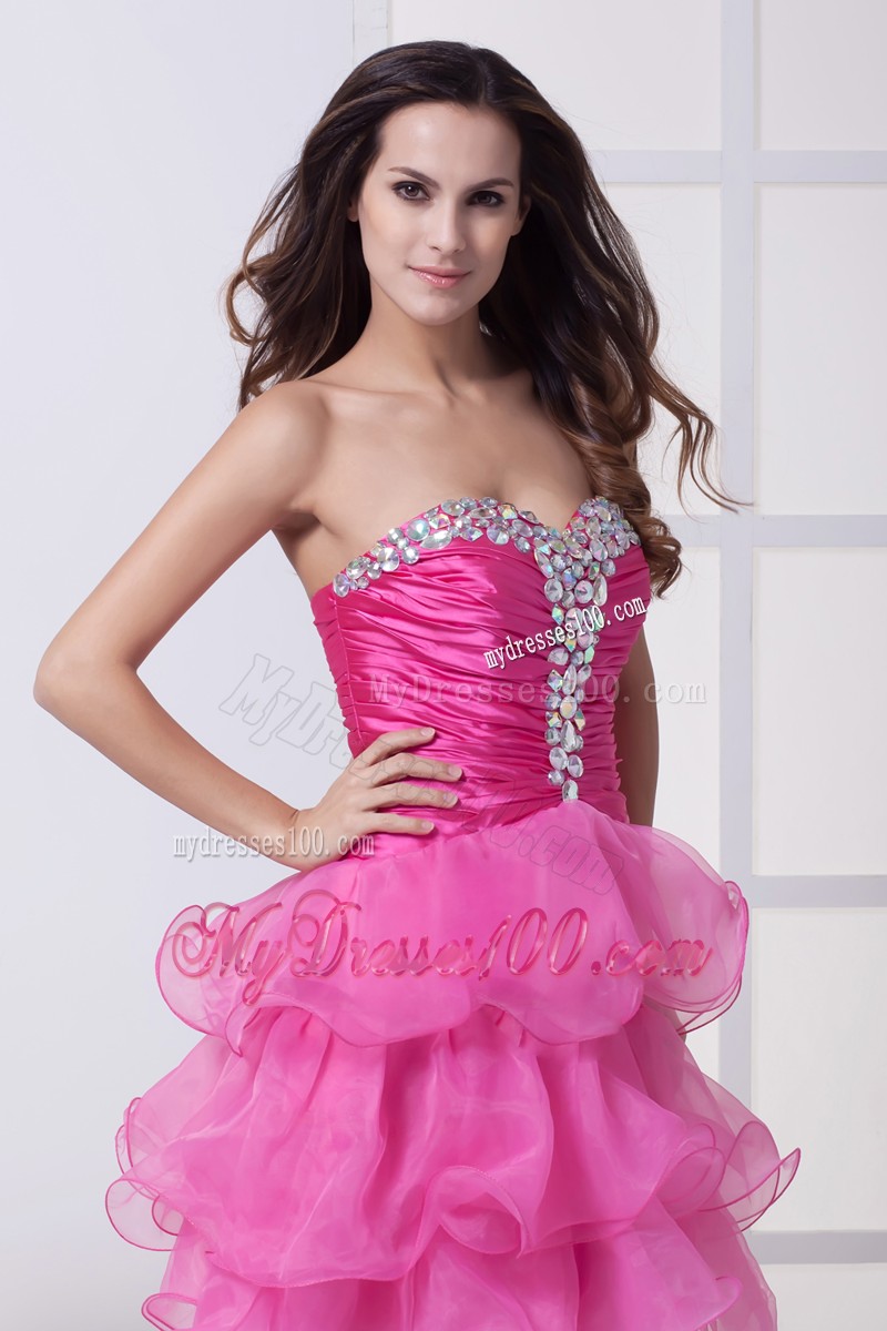 Beautiful Hot Pink Beading Ruffled Layers Knee-length Cocktail Dress