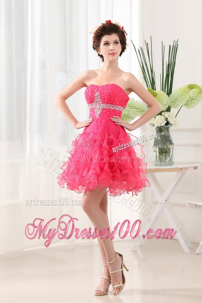 Hot Pink Strapless Cocktail Dresses Ruffled Layers and Beading Ruching