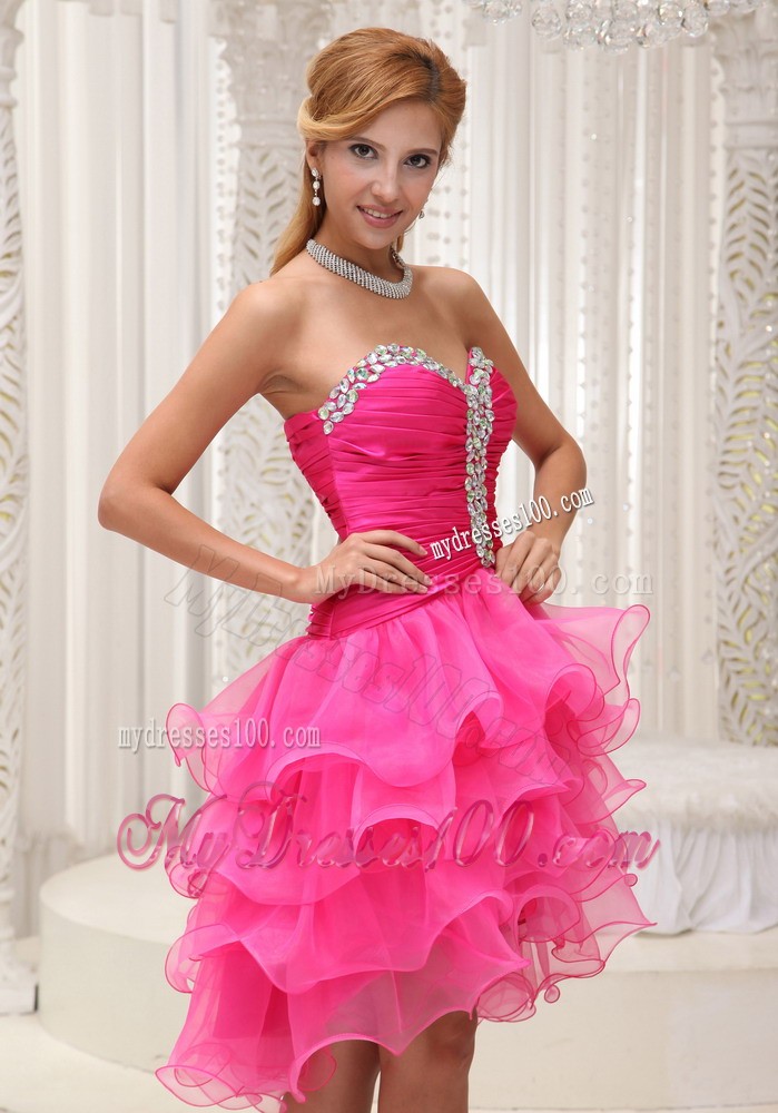 Lovely Hot Pink Princess Beading Ruffles Sweetheart 2013 Cocktail Dress