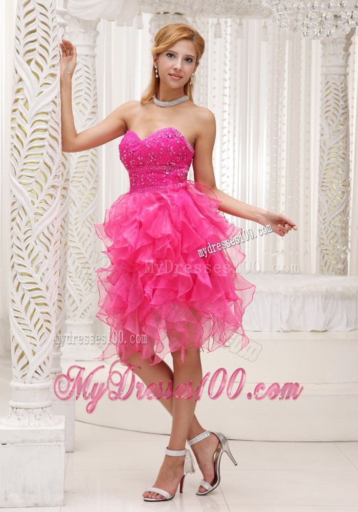 Beautiful Hot Pink Prom Cocktail Dress For 2013 Beaded Ruffles