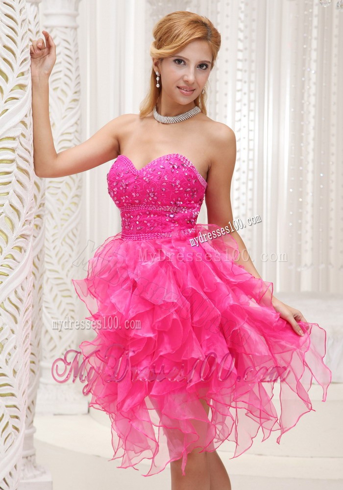 Beautiful Hot Pink Prom Cocktail Dress For 2013 Beaded Ruffles