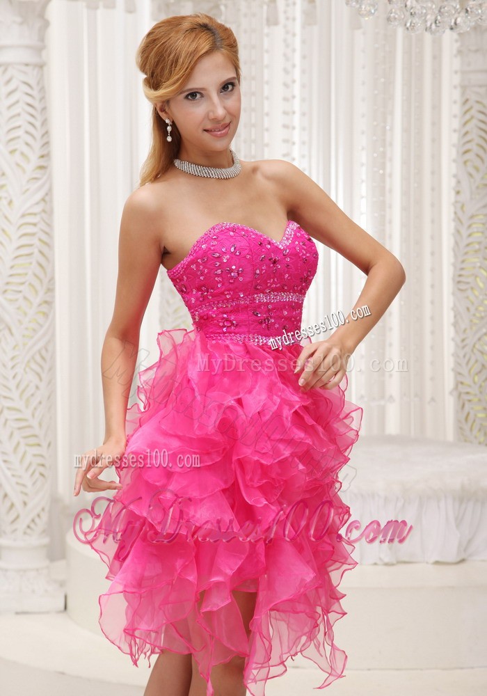 Beautiful Hot Pink Prom Cocktail Dress For 2013 Beaded Ruffles