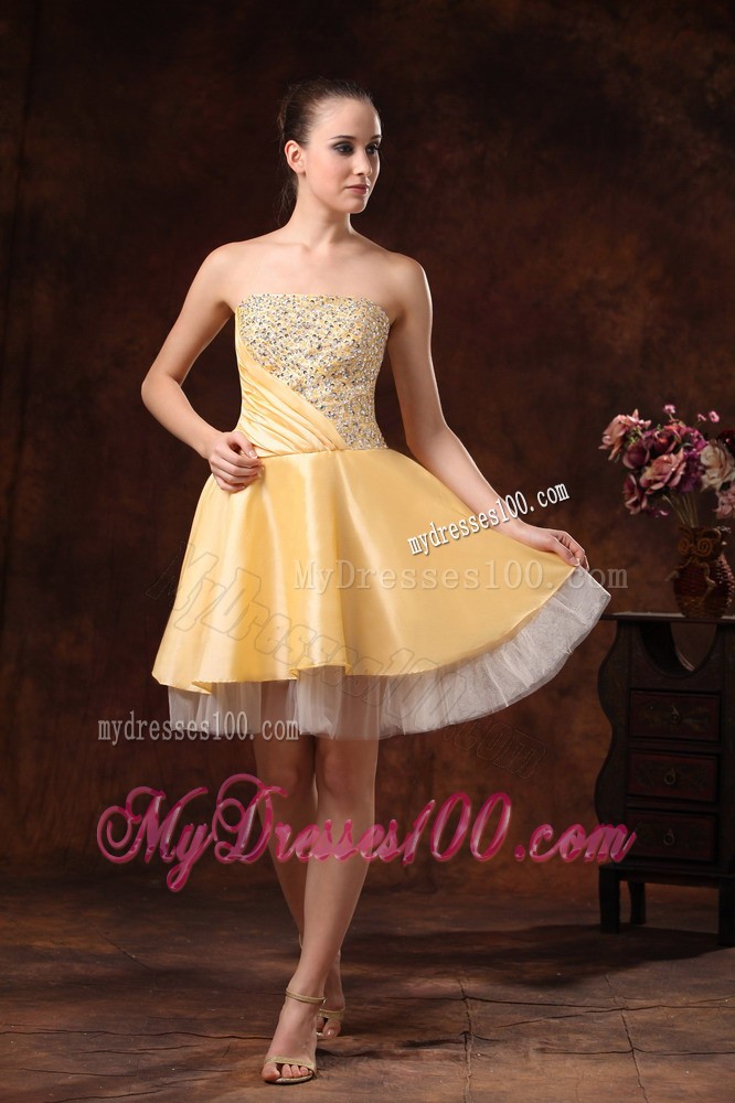 Gold Strapless Beaded Knee-length Cocktail Dresses For Custom Made