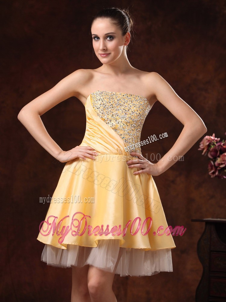 Gold Strapless Beaded Knee-length Cocktail Dresses For Custom Made