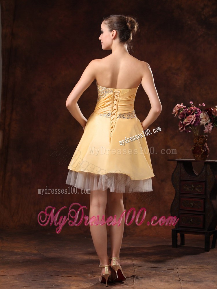 Gold Strapless Beaded Knee-length Cocktail Dresses For Custom Made