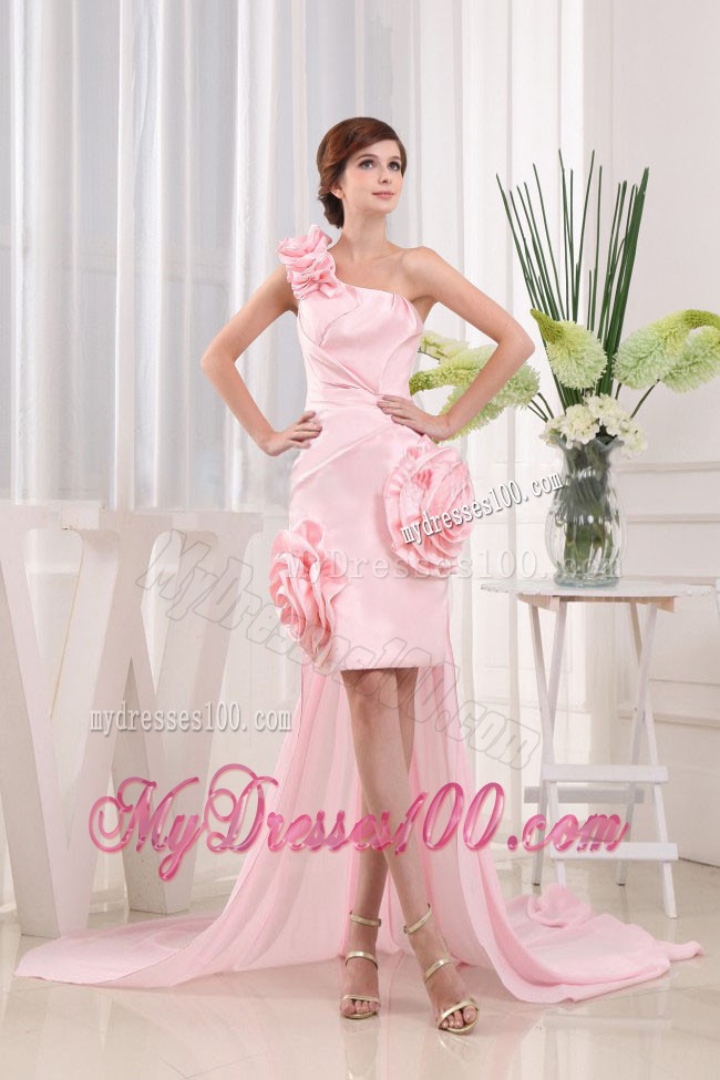 Lovely High-low One Shoulder Flower Baby Pink Cocktail Dress Strapless