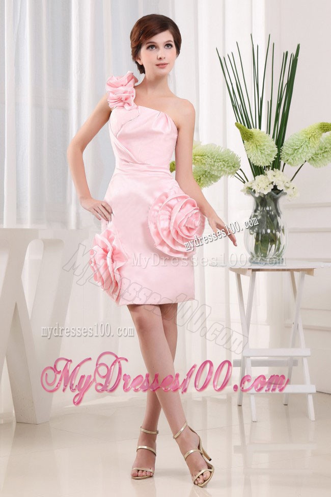 Lovely High-low One Shoulder Flower Baby Pink Cocktail Dress Strapless