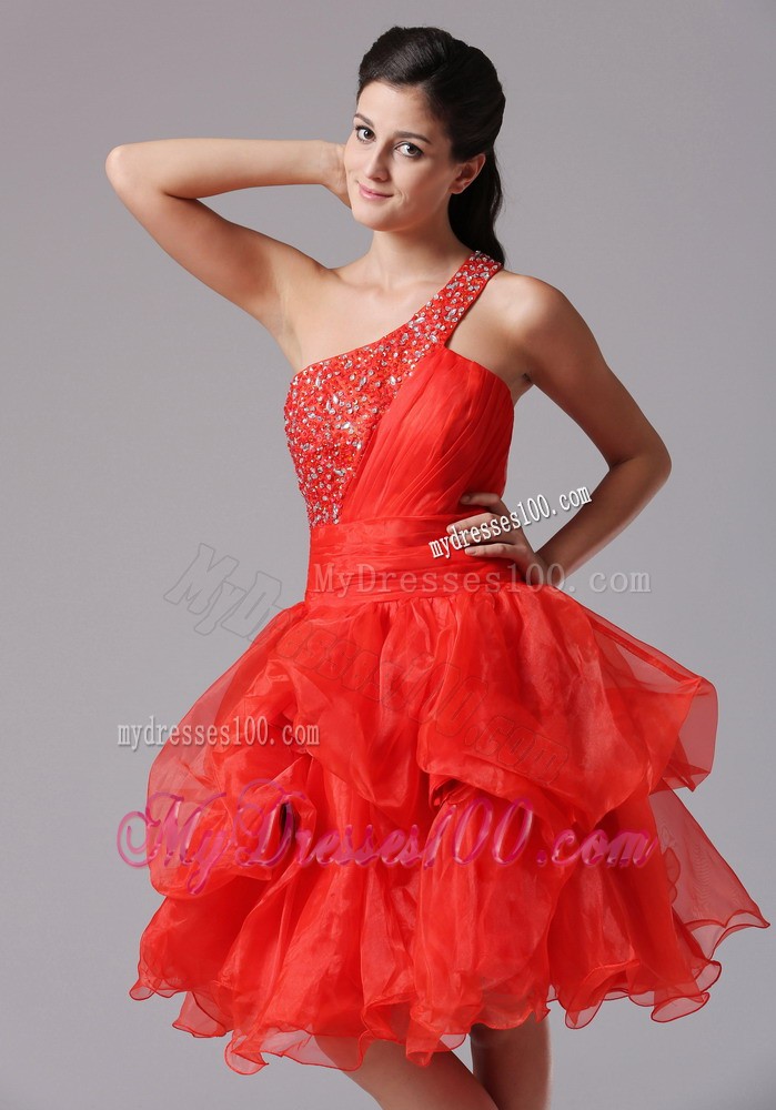 Custom Made Red One Shoulder Beaded Prom Cocktail Dresses