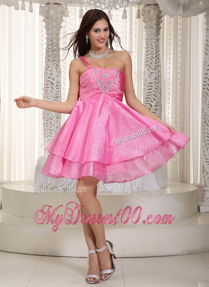 Rose Pink Princess One Shoulder Mini-length Beading Cocktail Dresses