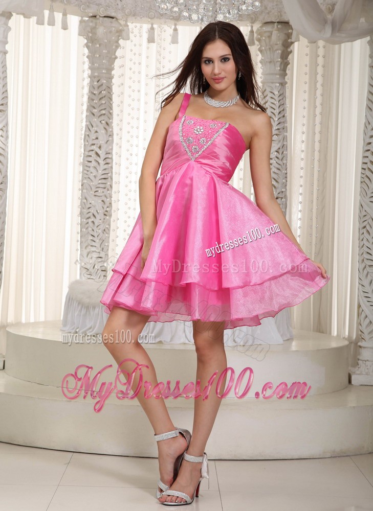 Rose Pink Princess One Shoulder Mini-length Beading Cocktail Dresses