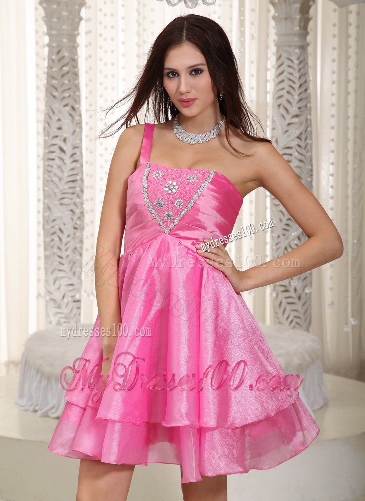 Rose Pink Princess One Shoulder Mini-length Beading Cocktail Dresses