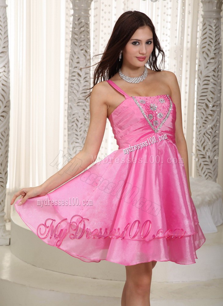 Rose Pink Princess One Shoulder Mini-length Beading Cocktail Dresses