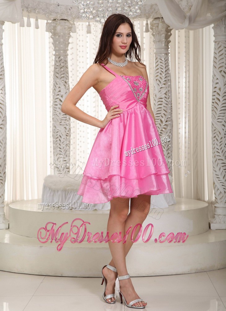 Rose Pink Princess One Shoulder Mini-length Beading Cocktail Dresses