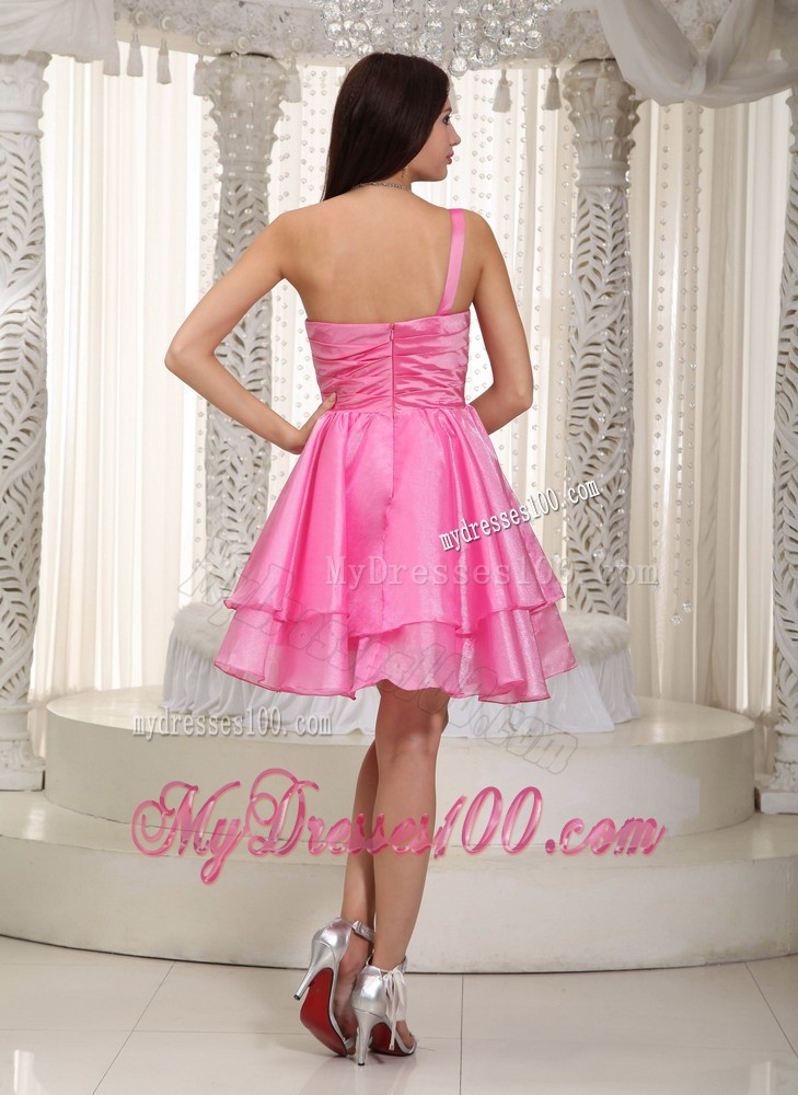 Rose Pink Princess One Shoulder Mini-length Beading Cocktail Dresses