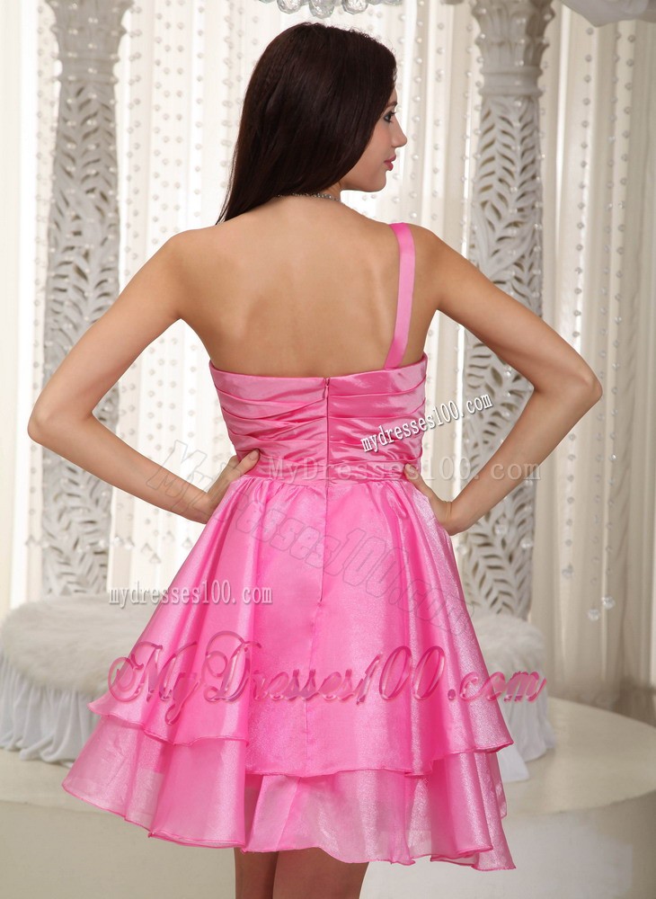 Rose Pink Princess One Shoulder Mini-length Beading Cocktail Dresses