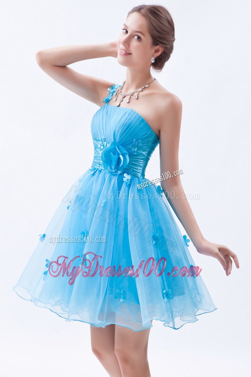 Baby Blue Princess Mini-length Cocktail Dress One Shoulder Appliques