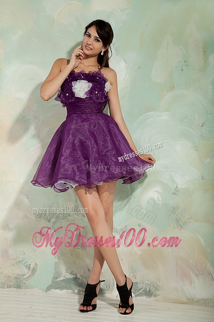 Lovely Dark Purple Princess Cocktail Dress Strapless Hand Made Flower