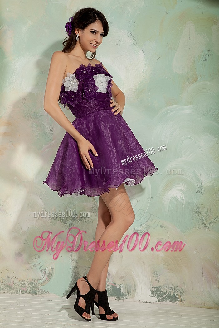 Lovely Dark Purple Princess Cocktail Dress Strapless Hand Made Flower
