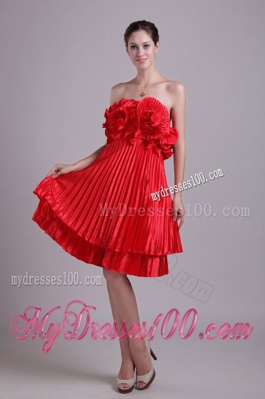 Red Empire Strapless Knee-length Hand Flower Pleat Cocktail Dresses