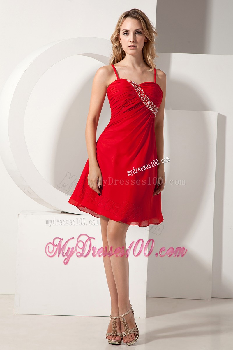 Summer Red Spaghetti Straps Cocktail Dress Knee-length Beading