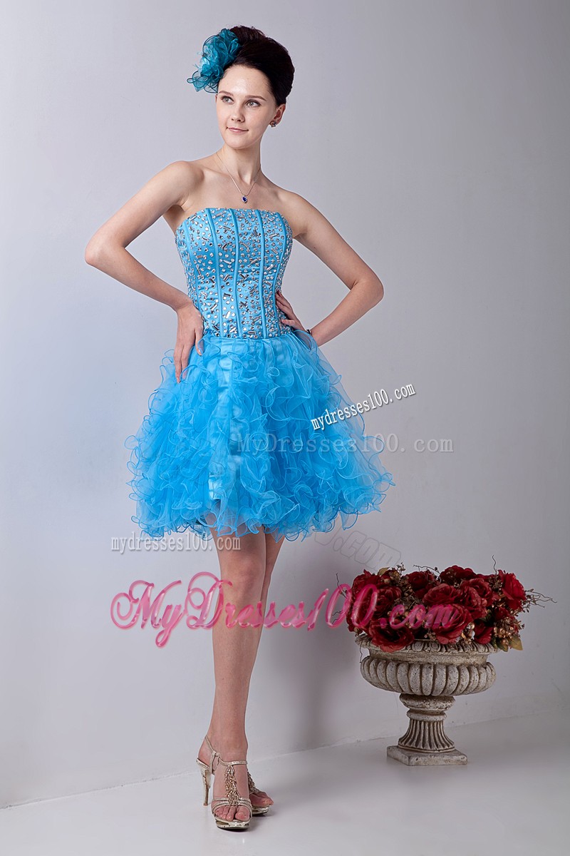 Baby Blue Strapless Ruffles Cocktail Dresses Beading Mini-length