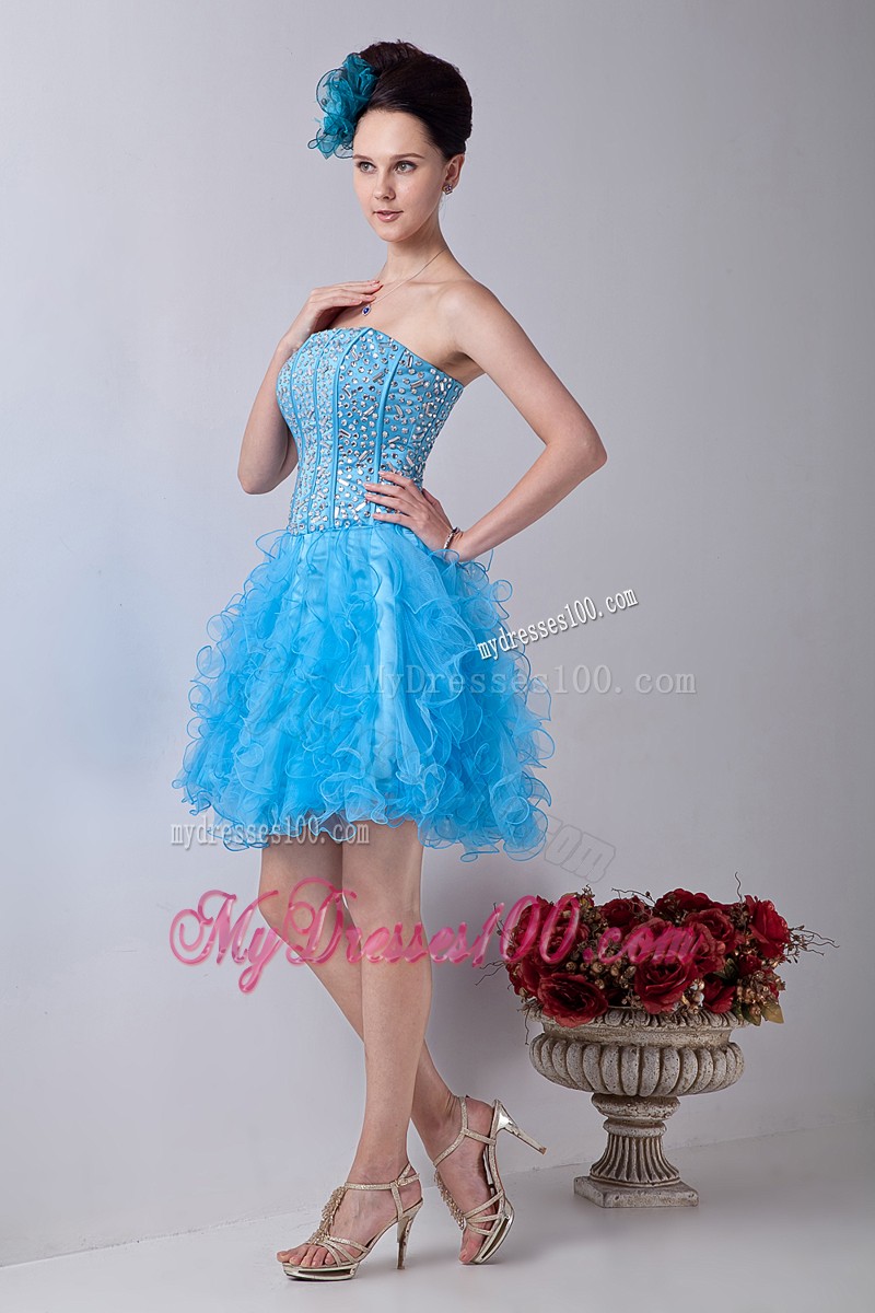 Baby Blue Strapless Ruffles Cocktail Dresses Beading Mini-length